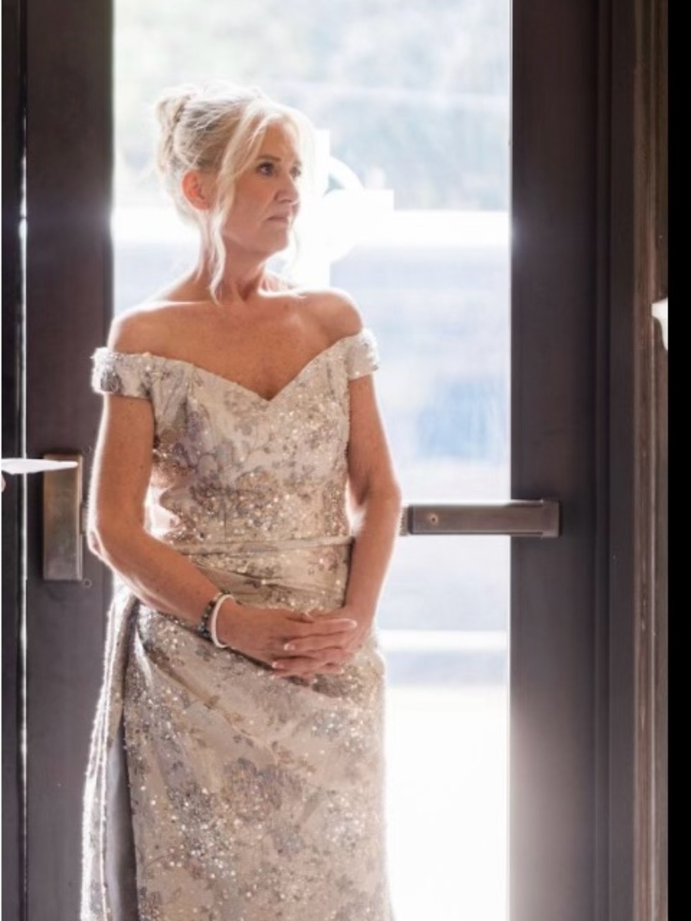 Rina diMontella Silver Metallic Off-Shoulder Wedding Dress mother of the bride - Picture 7 of 11